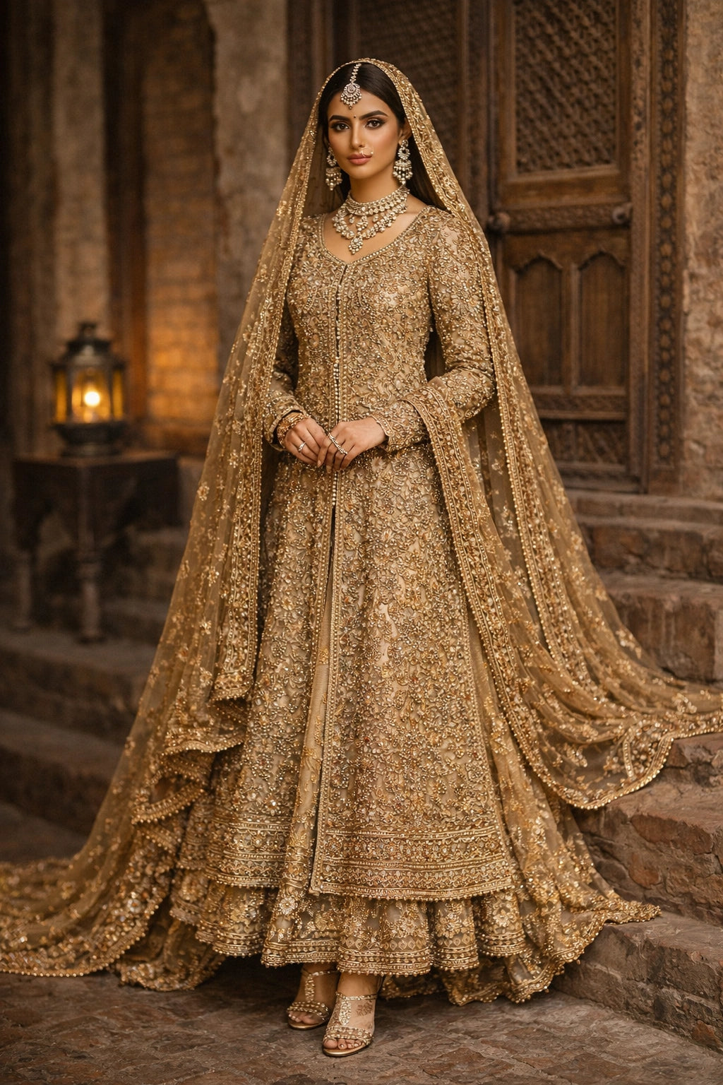Bride wearing champagne gold embroidered bridal gown with lehenga and dupatta in heritage architectural setting