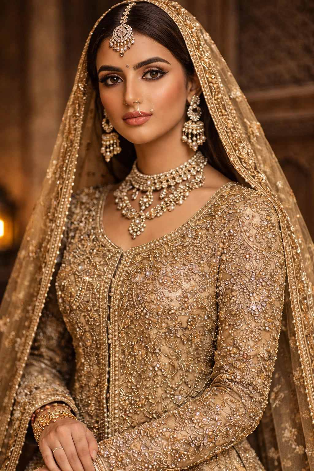 Bride wearing champagne gold embroidered bridal gown with lehenga and dupatta in heritage architectural setting