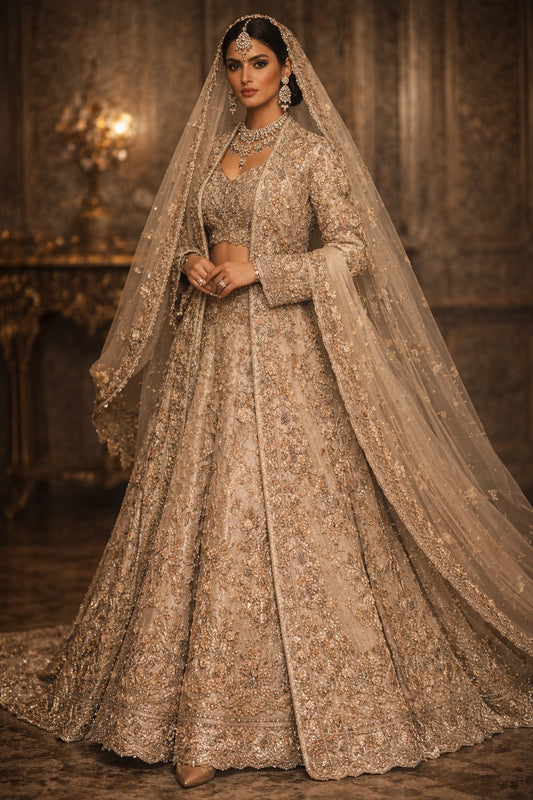 Bride wearing champagne embroidered bridal lehenga with long jacket and sheer dupatta in royal interior setting
