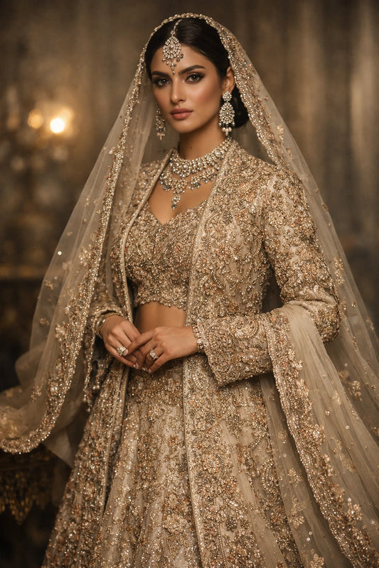 Bride wearing champagne embroidered bridal lehenga with long jacket and sheer dupatta in royal interior setting