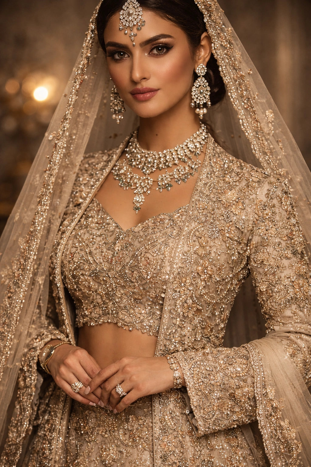 Bride wearing champagne embroidered bridal lehenga with long jacket and sheer dupatta in royal interior setting