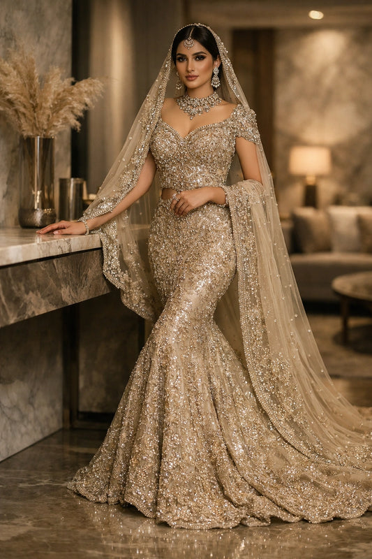 Bride wearing champagne mermaid bridal gown with sheer embroidered dupatta in luxury interior setting