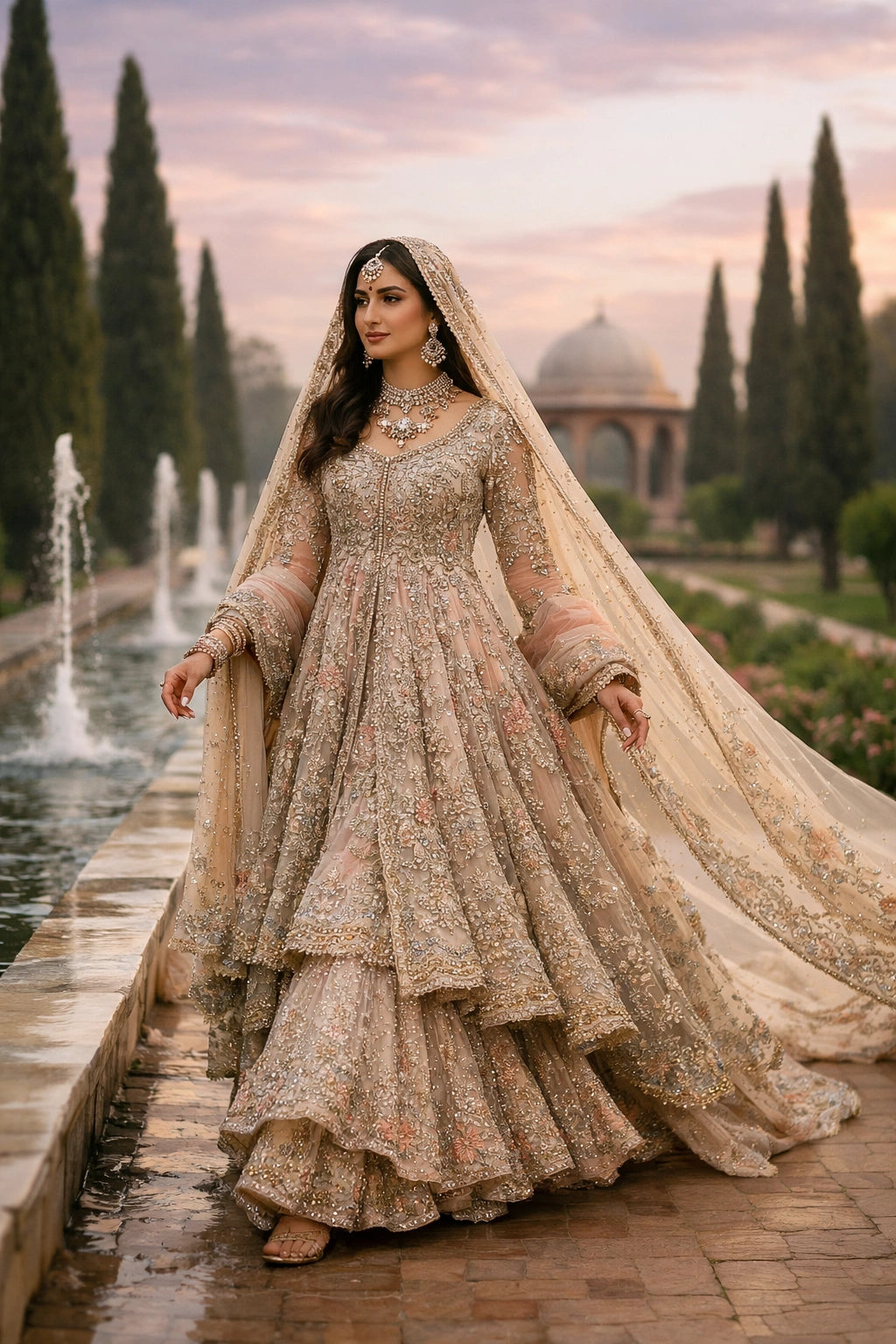 Bride wearing champagne embroidered bridal pishwas with layered lehenga and dupatta in Mughal garden setting