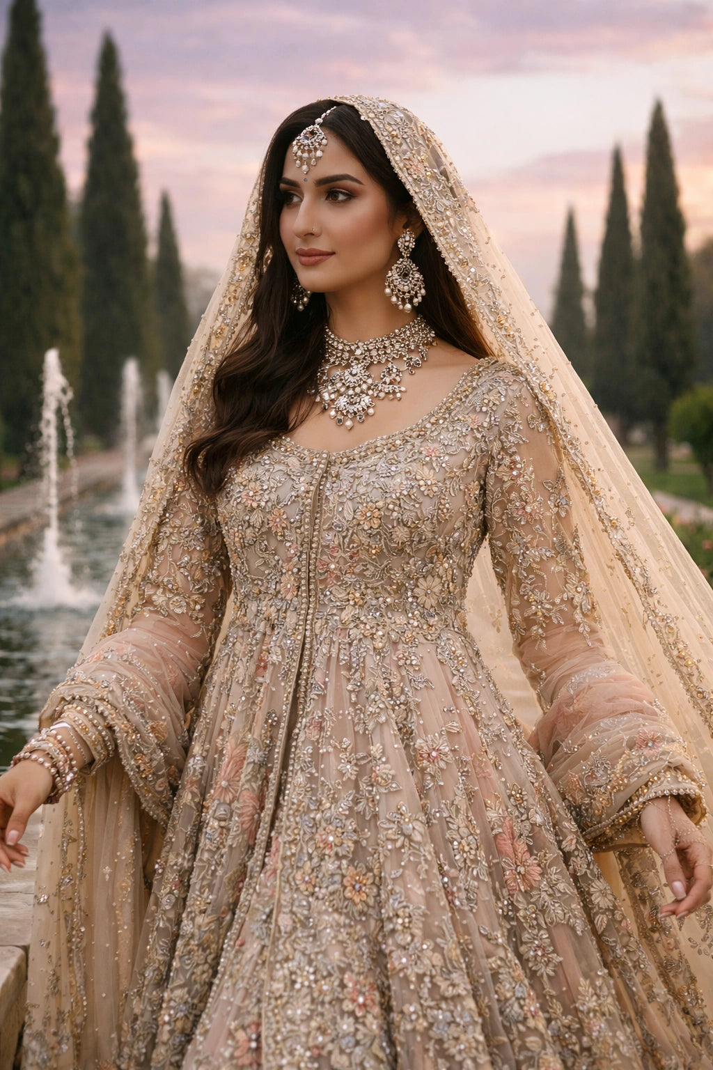 Bride wearing champagne embroidered bridal pishwas with layered lehenga and dupatta in Mughal garden setting