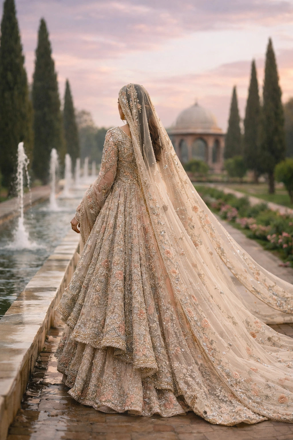 Bride wearing champagne embroidered bridal pishwas with layered lehenga and dupatta in Mughal garden setting
