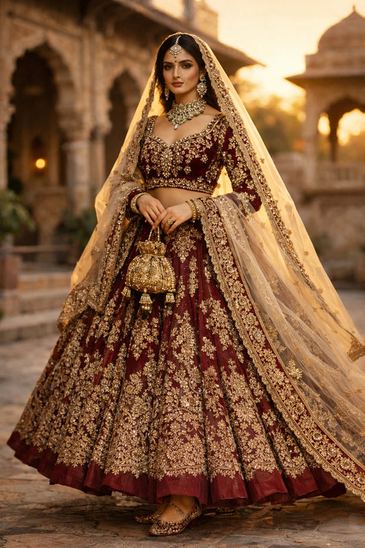 Bride wearing deep maroon bridal lehenga with gold embroidery and sheer dupatta in heritage courtyard setting