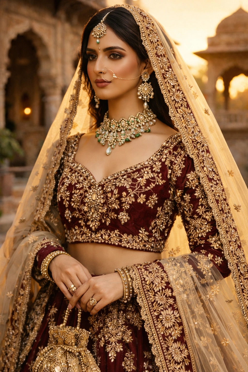 Bride wearing deep maroon bridal lehenga with gold embroidery and sheer dupatta in heritage courtyard setting