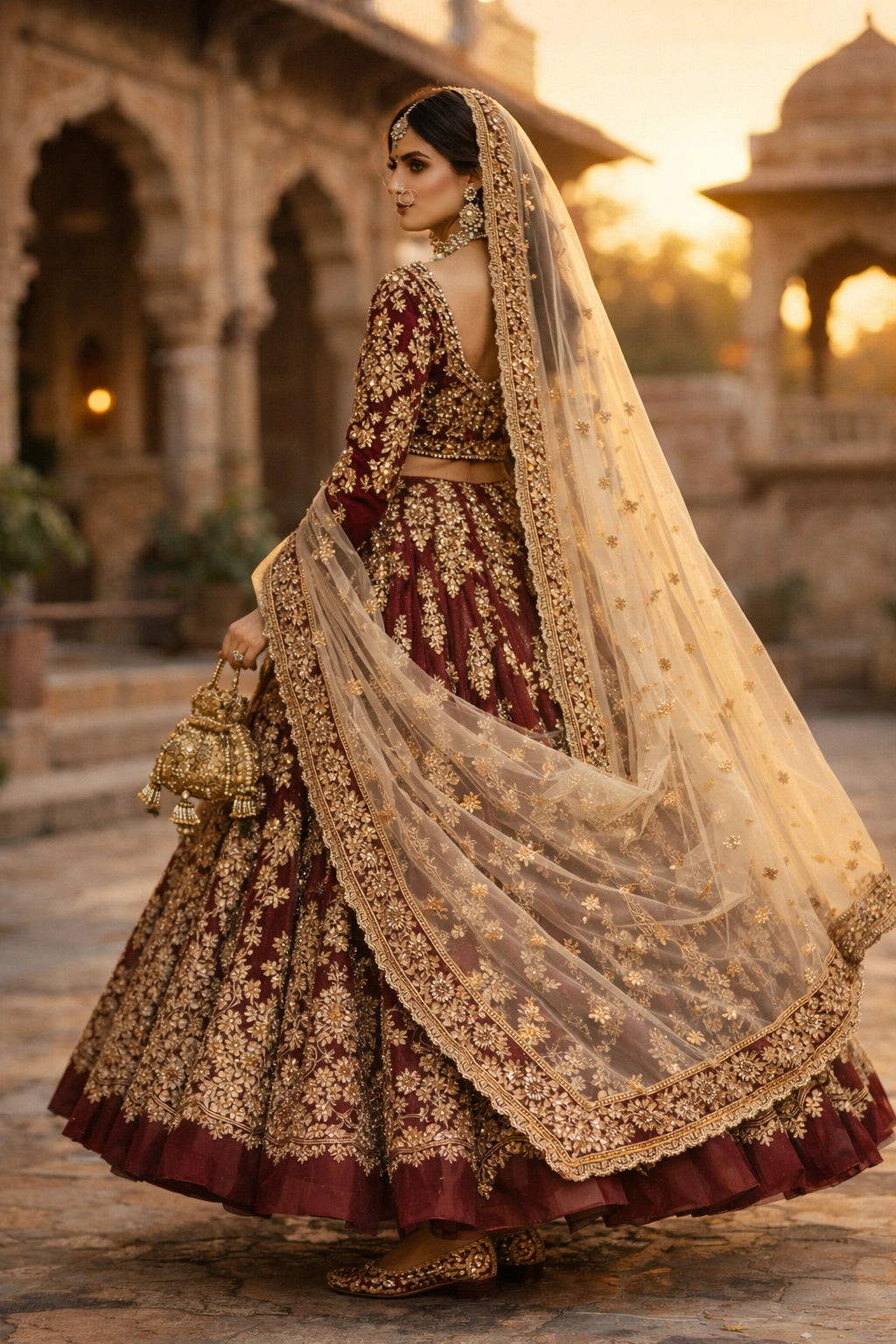 Bride wearing deep maroon bridal lehenga with gold embroidery and sheer dupatta in heritage courtyard setting