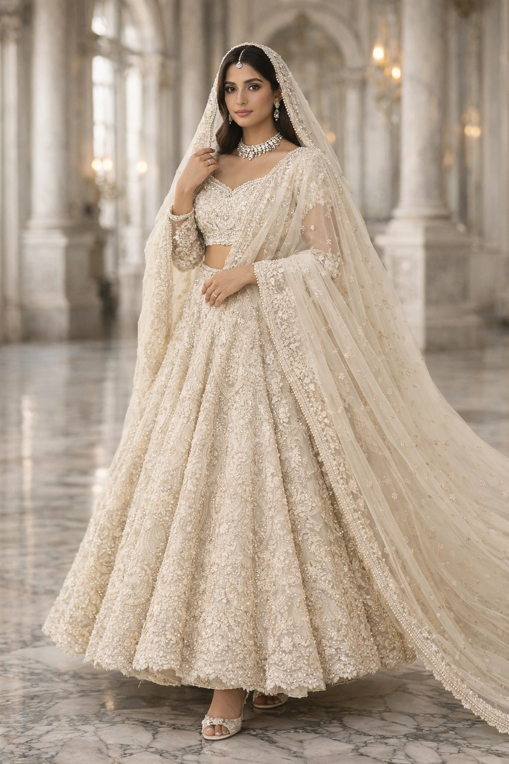 Bride wearing ivory embroidered bridal lehenga with sheer dupatta in grand marble hall setting