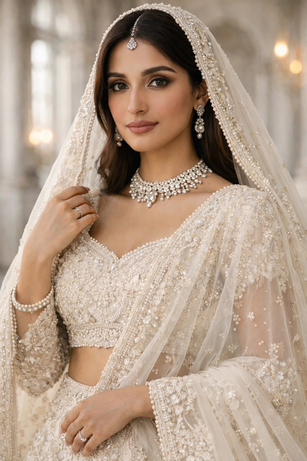 Bride wearing ivory embroidered bridal lehenga with sheer dupatta in grand marble hall setting
