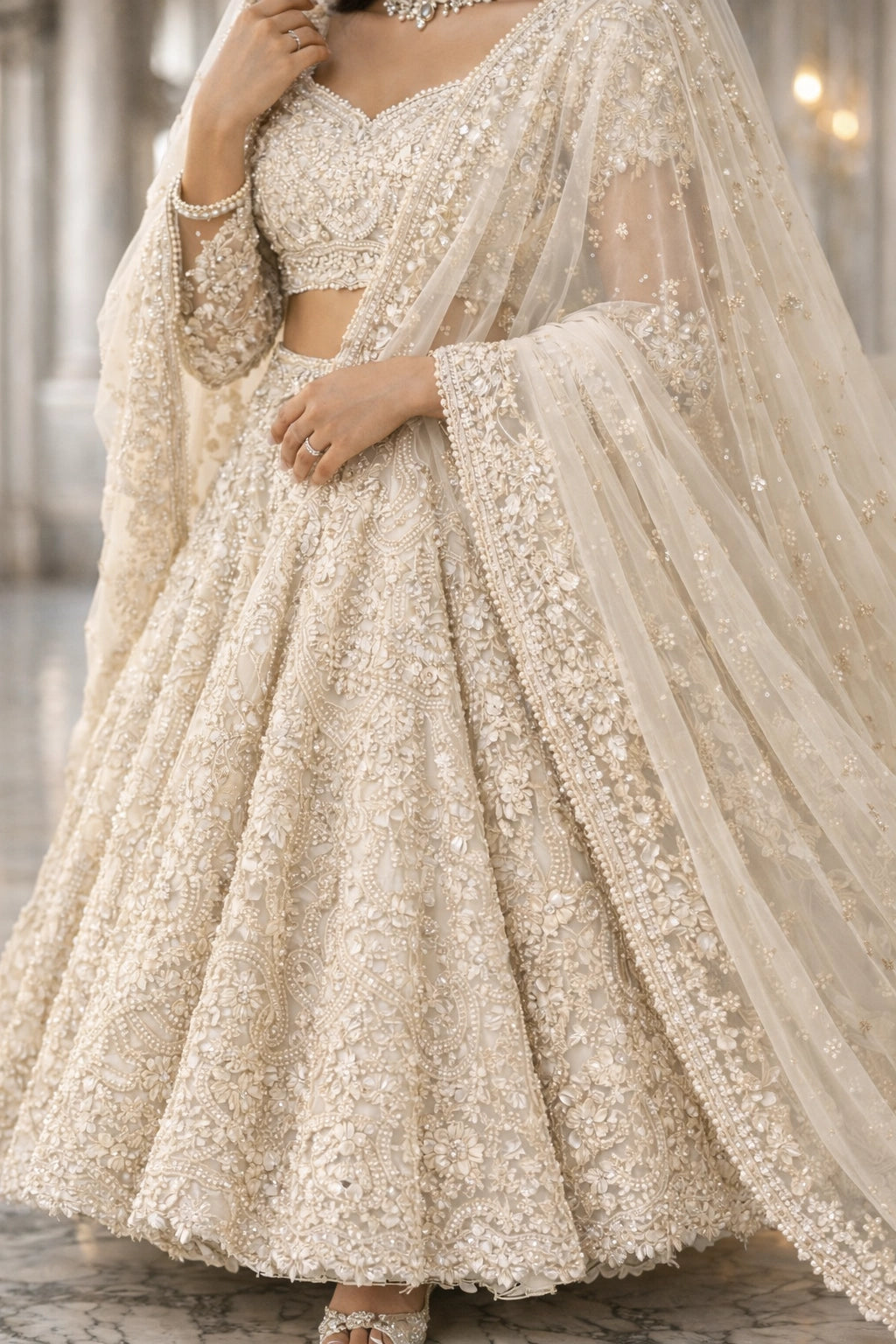 Bride wearing ivory embroidered bridal lehenga with sheer dupatta in grand marble hall setting