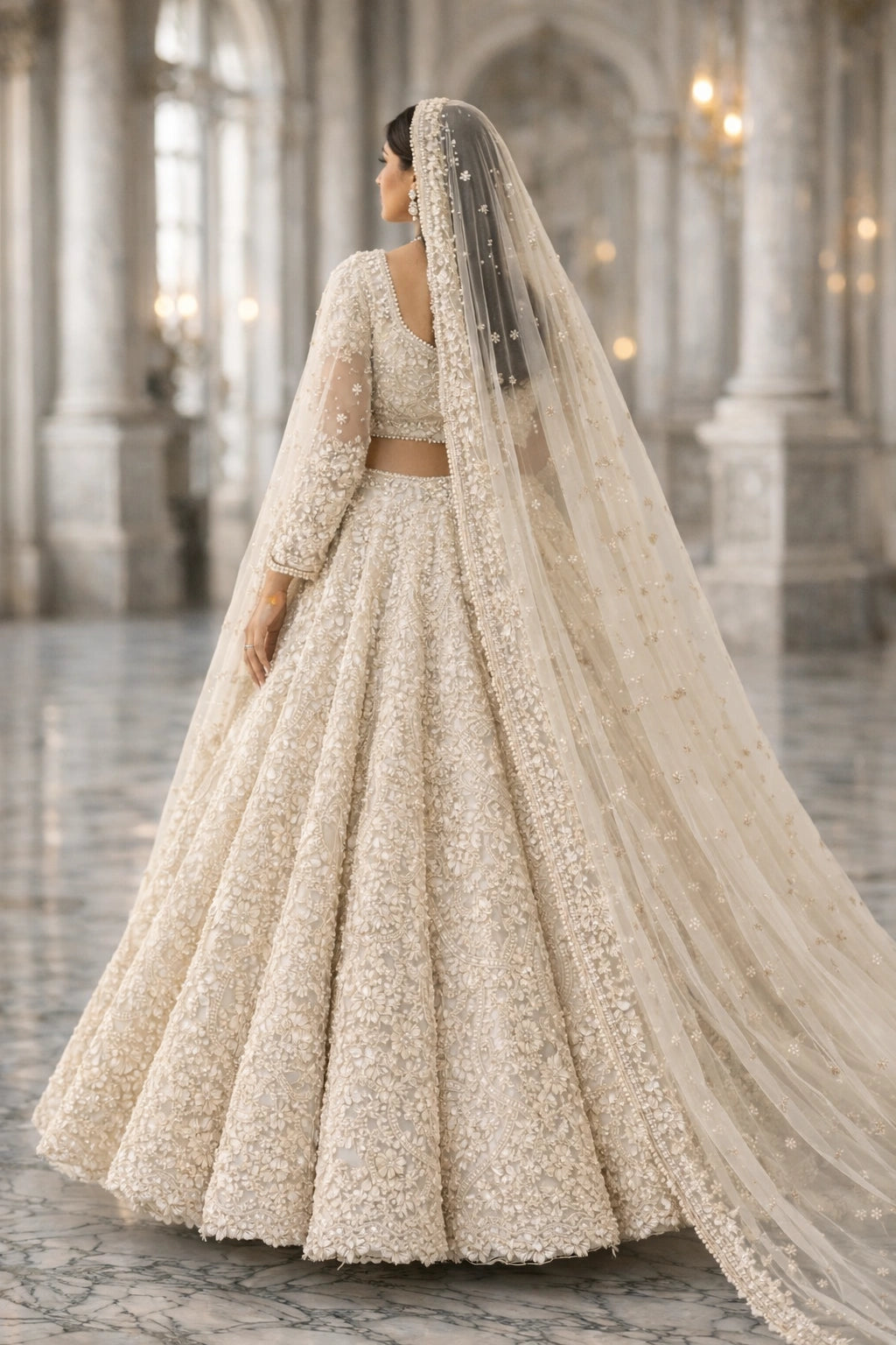 Bride wearing ivory embroidered bridal lehenga with sheer dupatta in grand marble hall setting