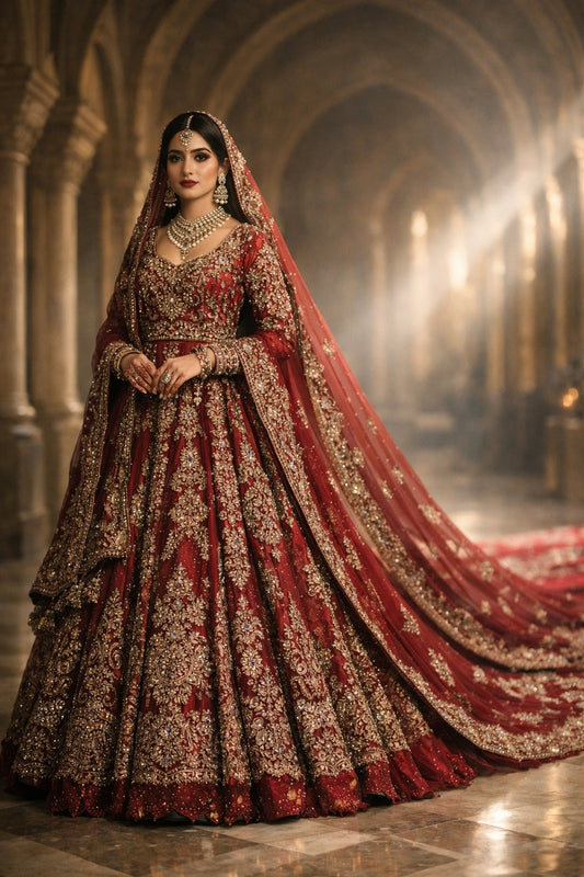 Bride wearing deep maroon zardozi bridal lehenga with long embroidered dupatta in a Mughal palace setting