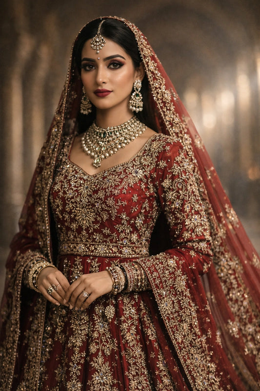 Bride wearing deep maroon zardozi bridal lehenga with long embroidered dupatta in a Mughal palace setting