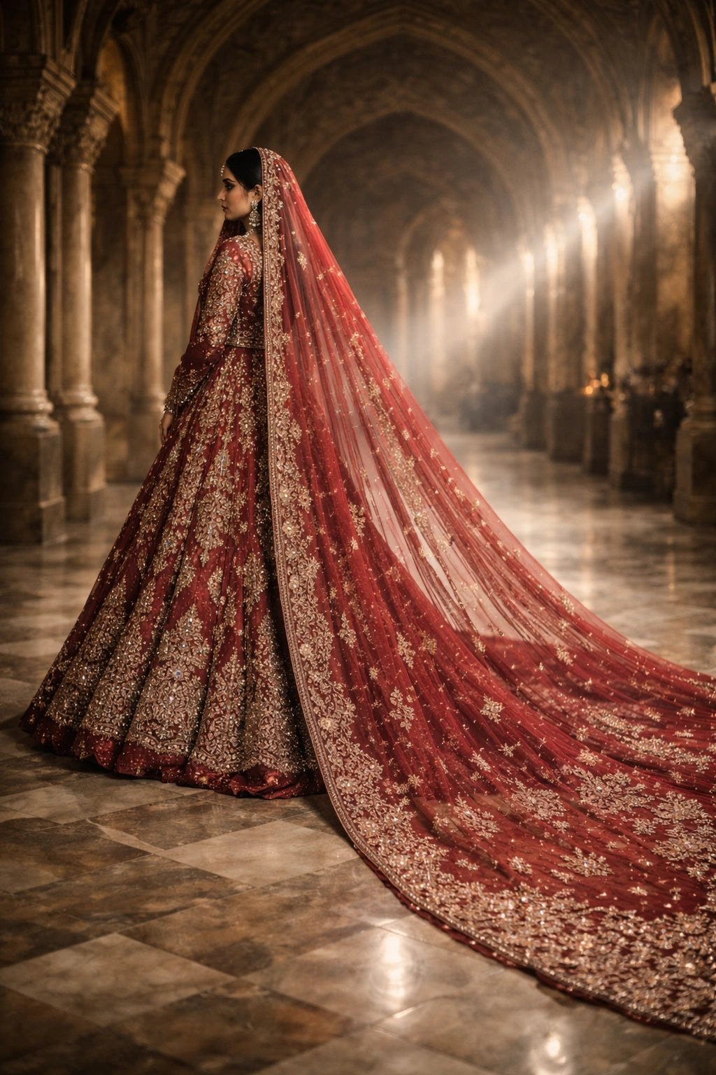 Bride wearing deep maroon zardozi bridal lehenga with long embroidered dupatta in a Mughal palace setting