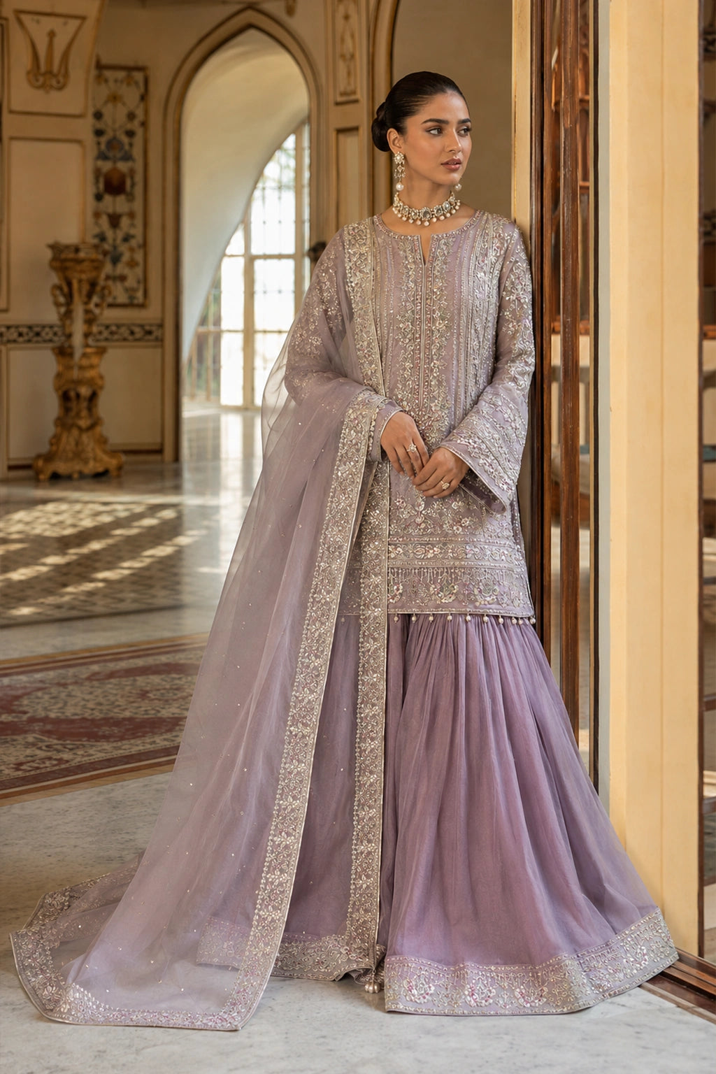 Woman wearing a lilac Korean silk embroidered shirt with organza sharara and embellished organza dupatta by Miraam