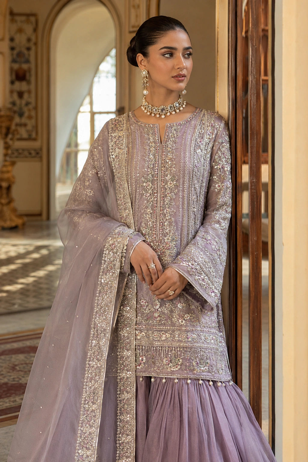 Woman wearing a lilac Korean silk embroidered shirt with organza sharara and embellished organza dupatta by Miraam