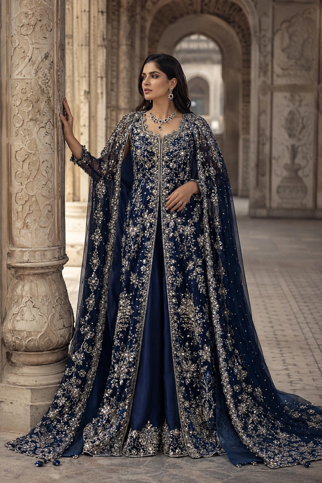 Woman wearing a navy blue sheesha silk embellished gown with attached embroidered organza cape by Miraam