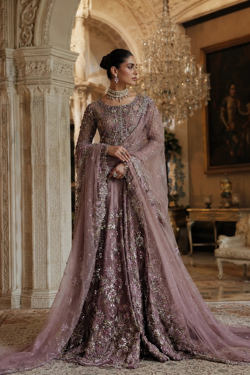 Woman wearing a mauve embellished couture gown with embroidered net sleeves and embellished net dupatta by Miraam