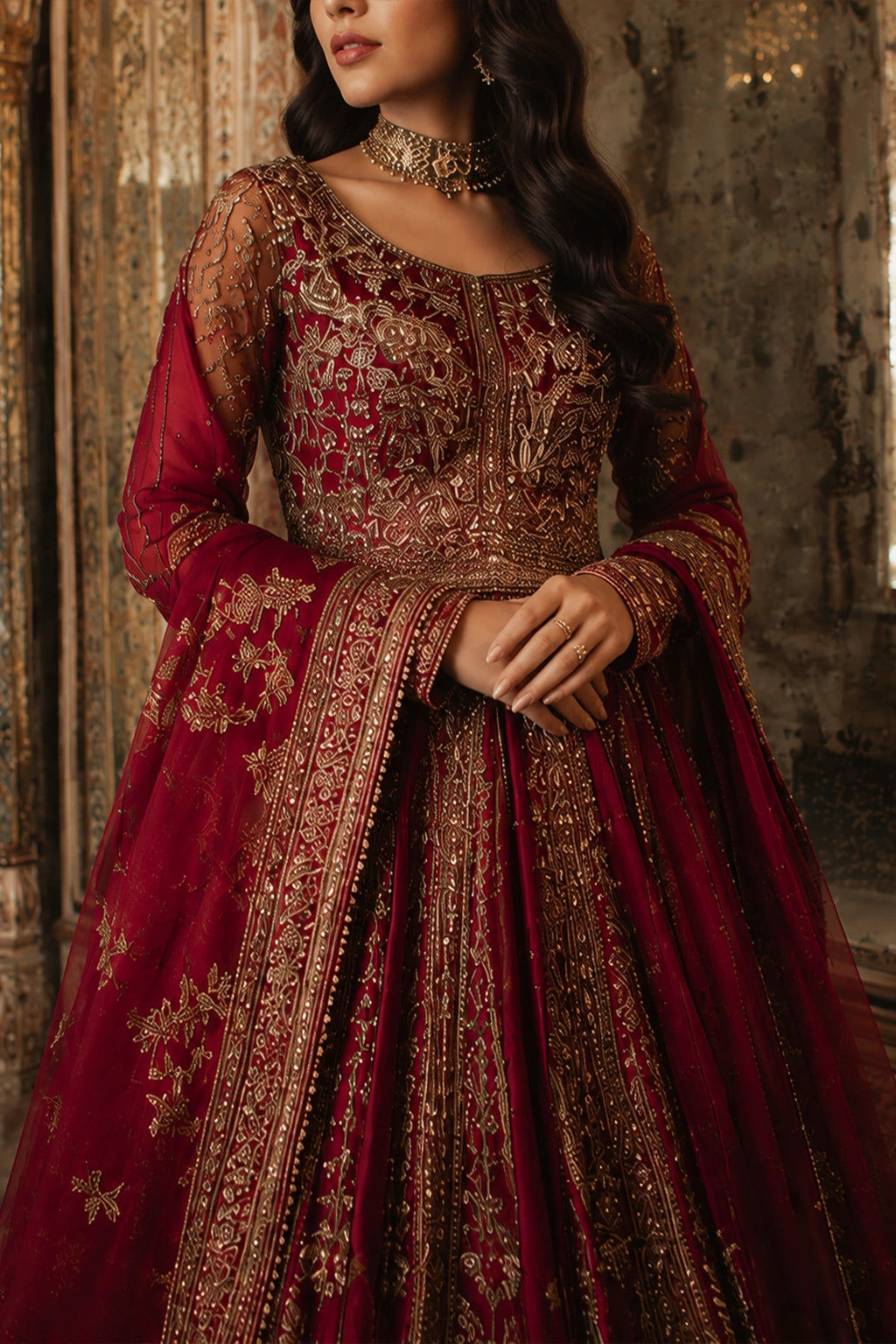 Woman wearing a deep ruby raw silk embellished pishwas with embroidered organza dupatta by Miraam