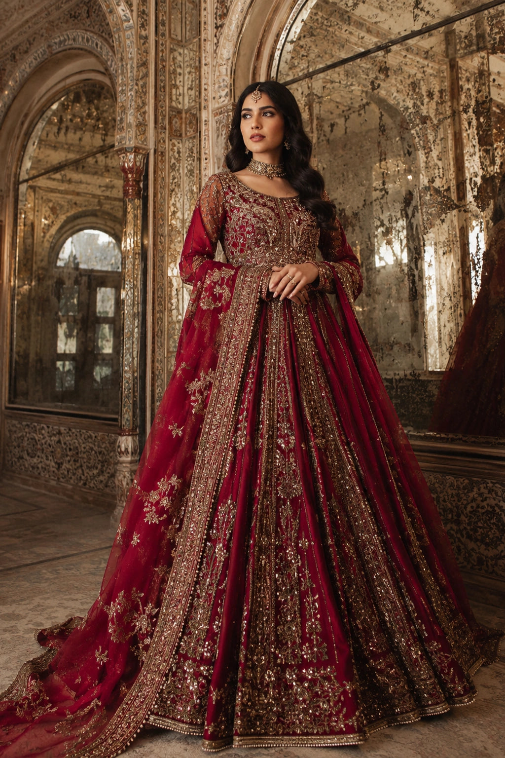 Woman wearing a deep ruby raw silk embellished pishwas with embroidered organza dupatta by Miraam
