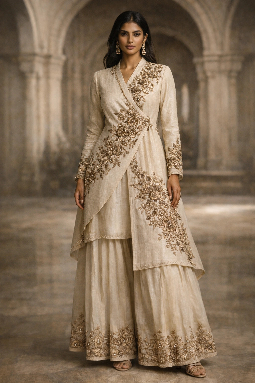 Ivory formal wrap shirt with embroidered gharara by Miraam, styled in a luxury editorial setting