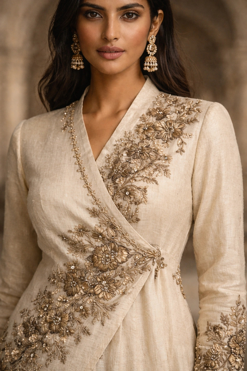 Ivory formal wrap shirt with embroidered gharara by Miraam, styled in a luxury editorial setting