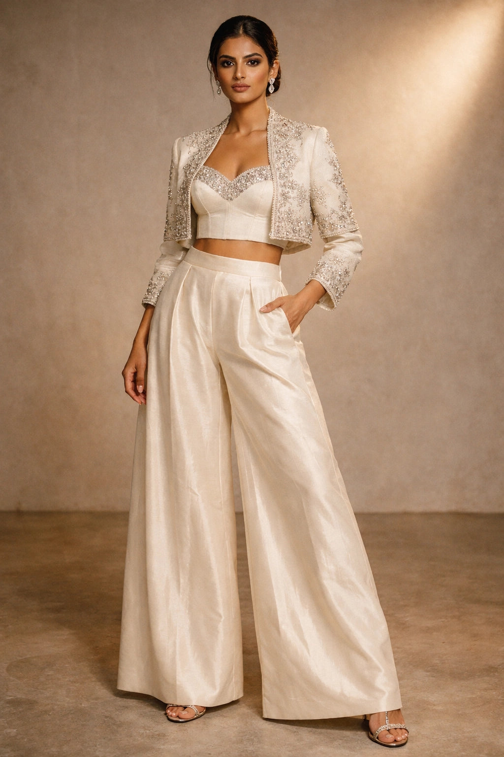 Ivory formal jacket and wide-leg pants set with embellished bustier by Miraam, styled in a luxury editorial setting