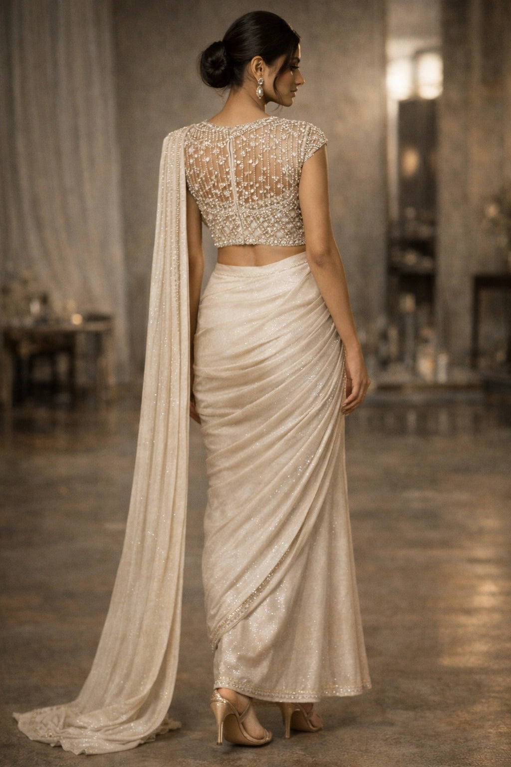 Ivory draped formal ensemble with embellished blouse by Miraam, styled in a luxury editorial setting