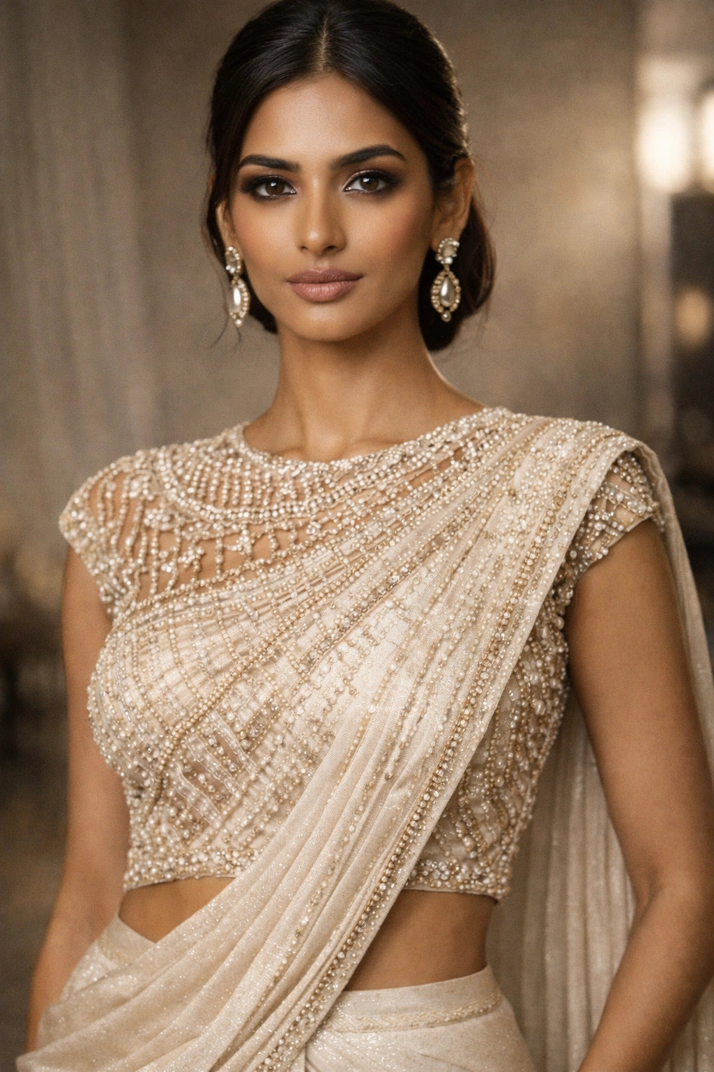 Ivory draped formal ensemble with embellished blouse by Miraam, styled in a luxury editorial setting