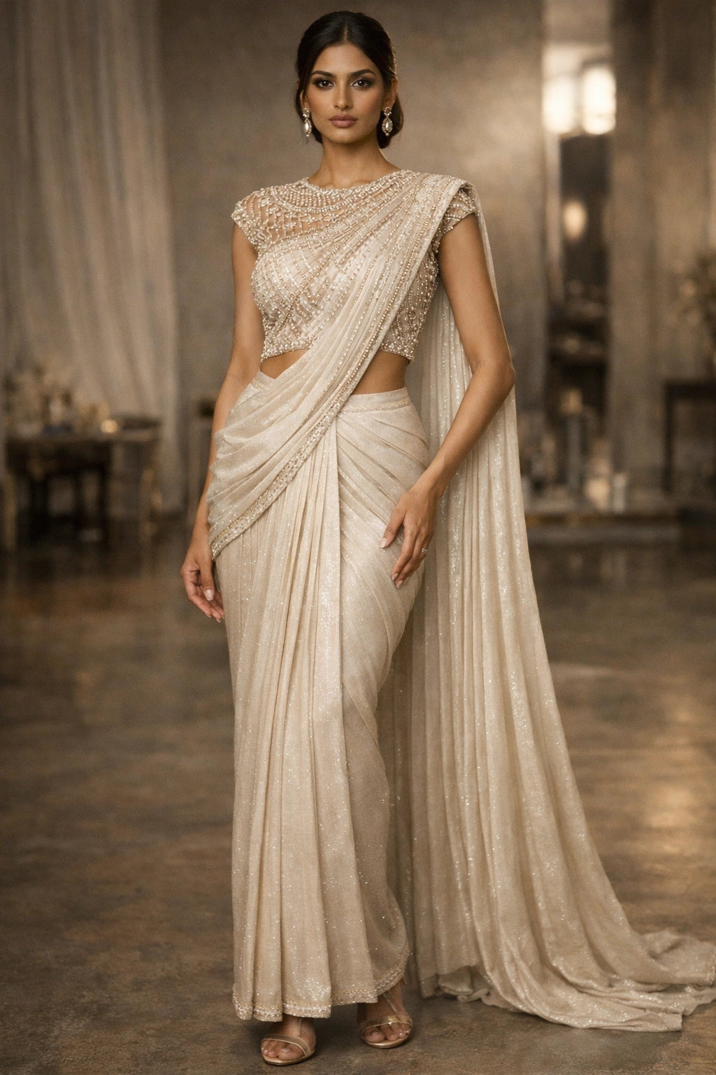 Ivory draped formal ensemble with embellished blouse by Miraam, styled in a luxury editorial setting