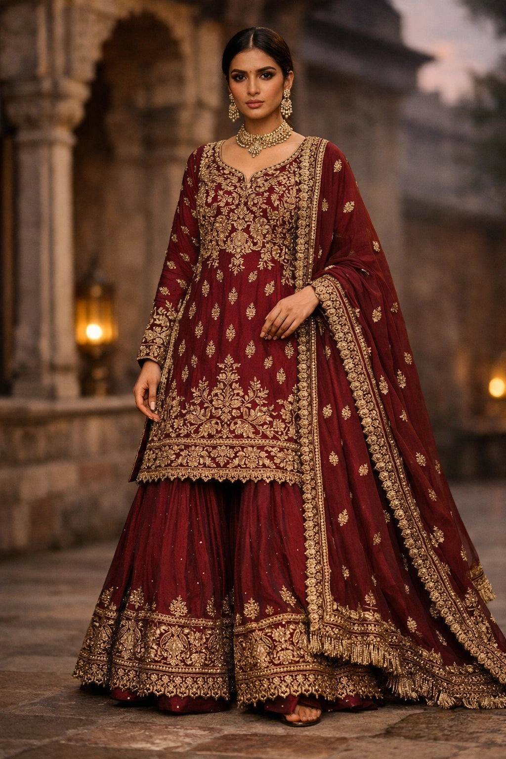 Maroon formal embroidered gharara set with dupatta by Miraam, styled in a luxury heritage editorial