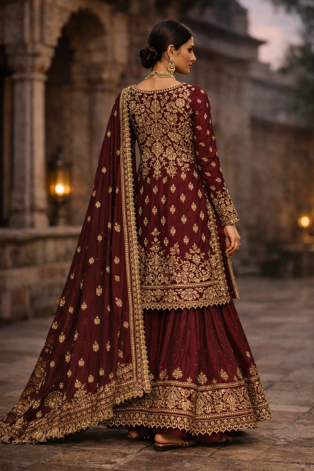 Maroon formal embroidered gharara set with dupatta by Miraam, styled in a luxury heritage editorial