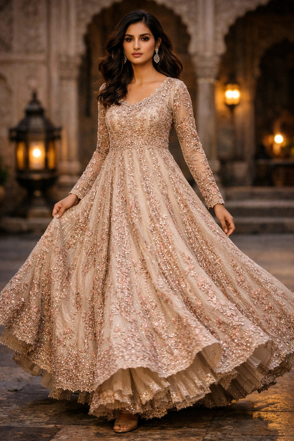 Blush formal embellished gown by Miraam with full-length silhouette, styled in a luxury editorial setting