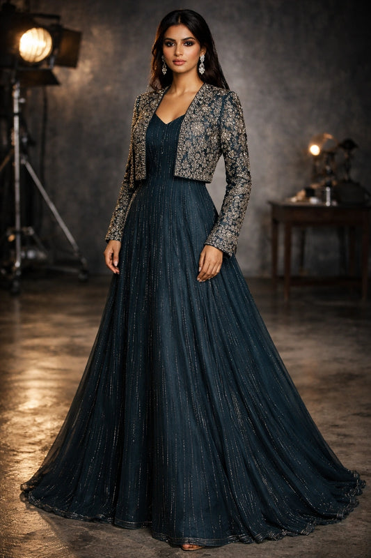 Teal formal gown with embellished cropped jacket by Miraam, styled in an elegant studio editorial