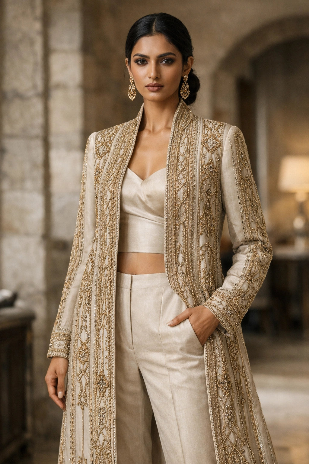 Ivory formal long jacket with tailored trousers by Miraam, styled in a luxury editorial setting