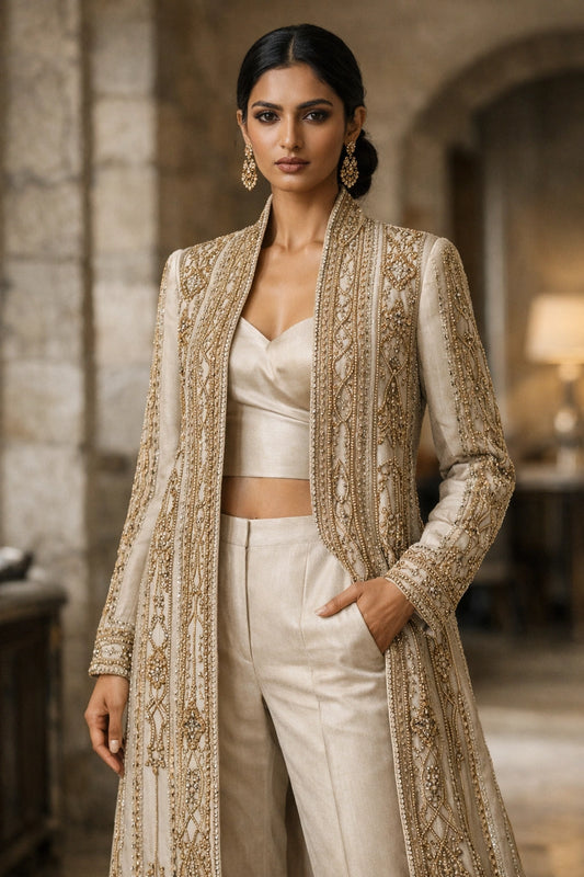 Ivory formal long jacket with tailored trousers by Miraam, styled in a luxury editorial setting