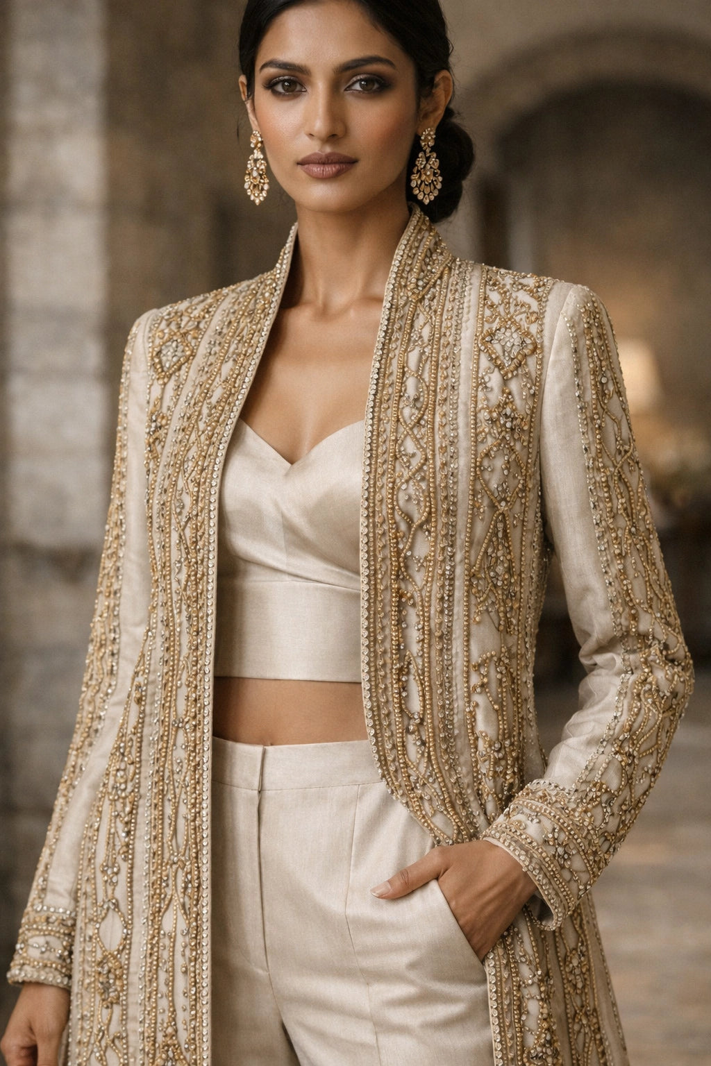 Ivory formal long jacket with tailored trousers by Miraam, styled in a luxury editorial setting