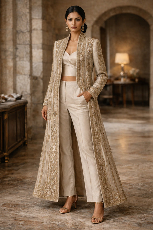 Ivory formal long jacket with tailored trousers by Miraam, styled in a luxury editorial setting