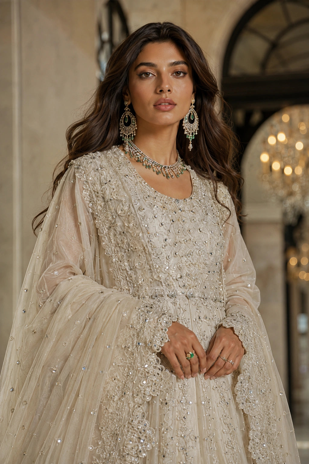 Model wearing an ivory sheesha silk bridal pishwas with intricate crystal embroidery and embellished net dupatta in a luxury palace-inspired setting by Miraam.