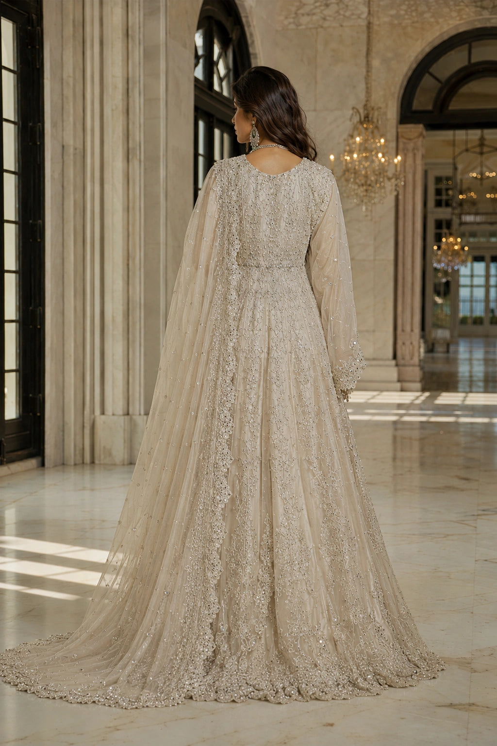 Model wearing an ivory sheesha silk bridal pishwas with intricate crystal embroidery and embellished net dupatta in a luxury palace-inspired setting by Miraam.