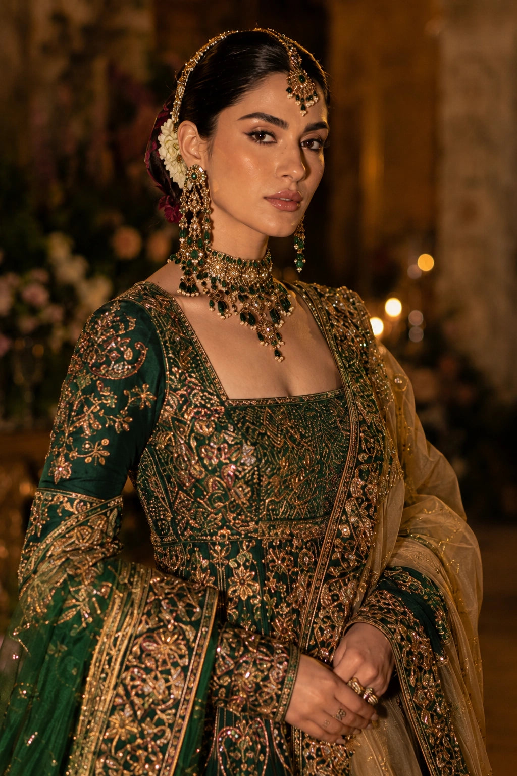 Model wearing an emerald green Korean silk bridal peplum lehenga with intricate gold embellishment and double-shade organza dupatta in a luxurious wedding setting by Miraam.