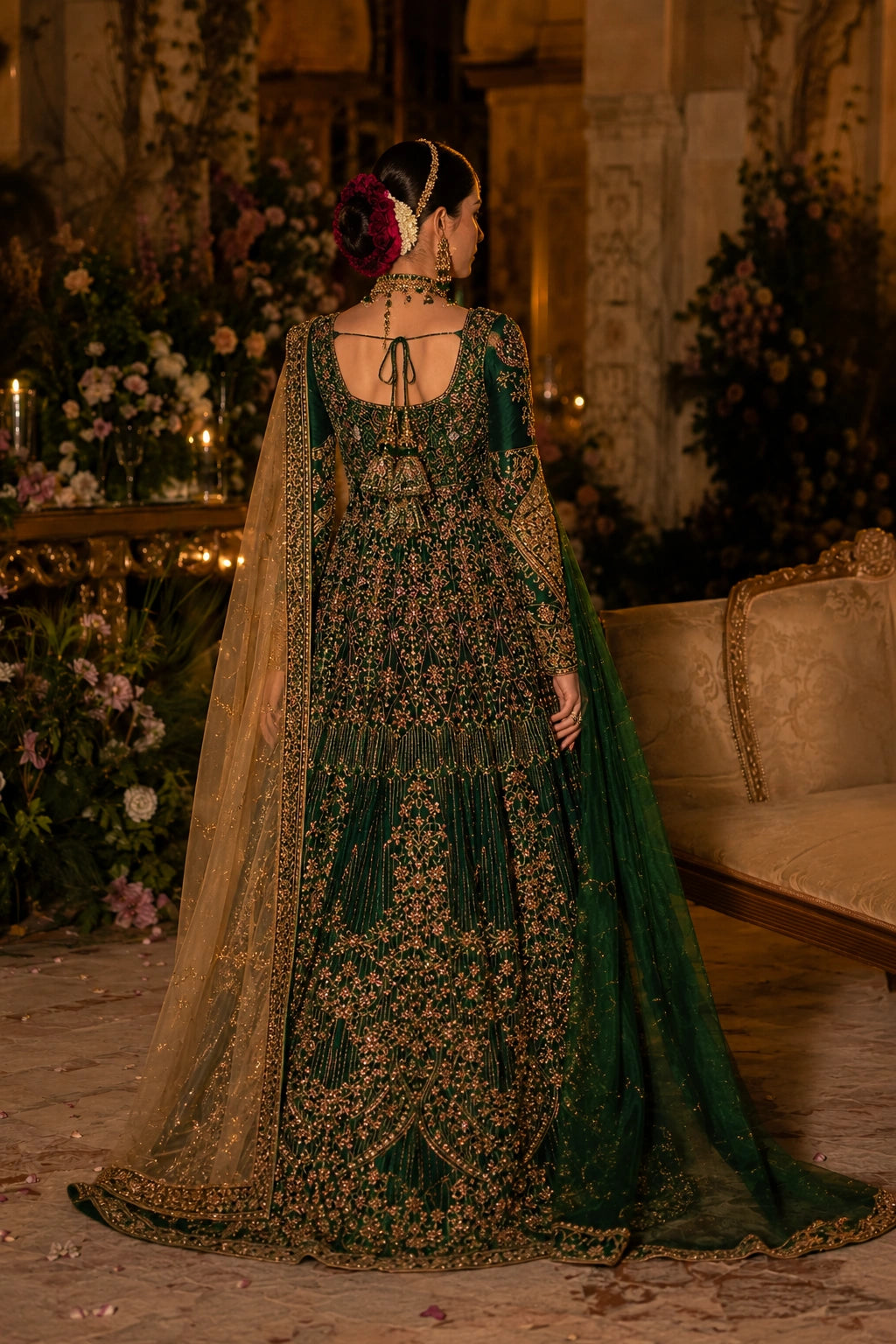 Model wearing an emerald green Korean silk bridal peplum lehenga with intricate gold embellishment and double-shade organza dupatta in a luxurious wedding setting by Miraam.