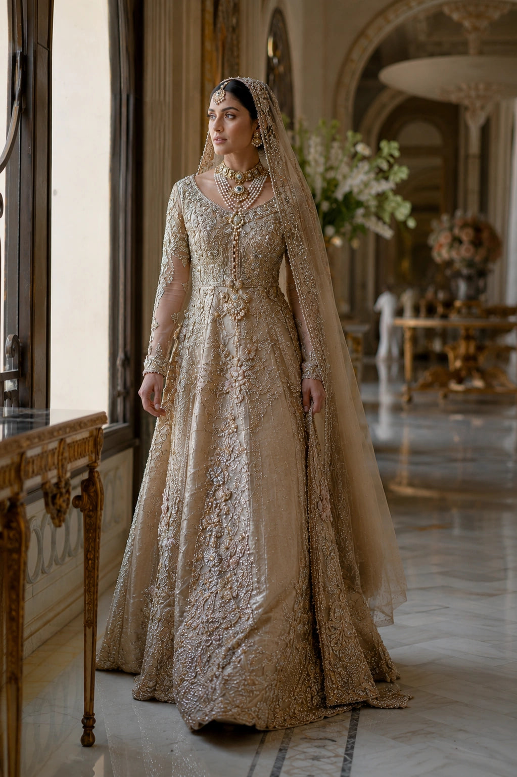 Model wearing a champagne gold tissue silk bridal gown with intricate hand embroidery and embellished organza veil in a luxury palace-inspired setting by Miraam.