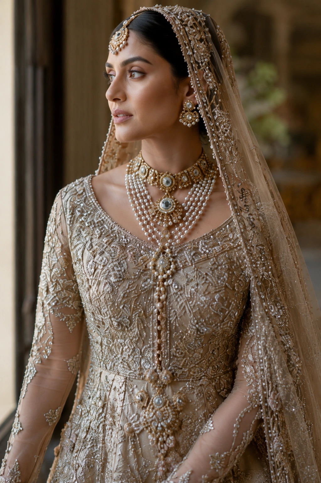 Model wearing a champagne gold tissue silk bridal gown with intricate hand embroidery and embellished organza veil in a luxury palace-inspired setting by Miraam.