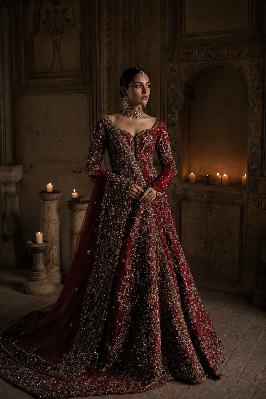 Model wearing a crimson raw silk bridal couture gown with intricate antique gold embellishment and embroidered organza dupatta in a regal heritage-inspired setting by Miraam.