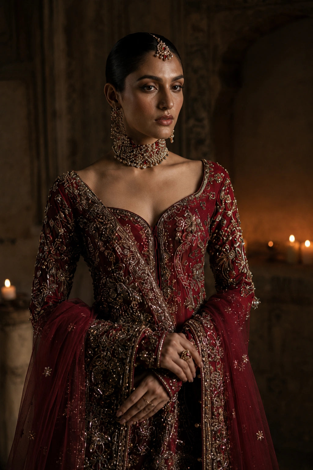 Model wearing a crimson raw silk bridal couture gown with intricate antique gold embellishment and embroidered organza dupatta in a regal heritage-inspired setting by Miraam.