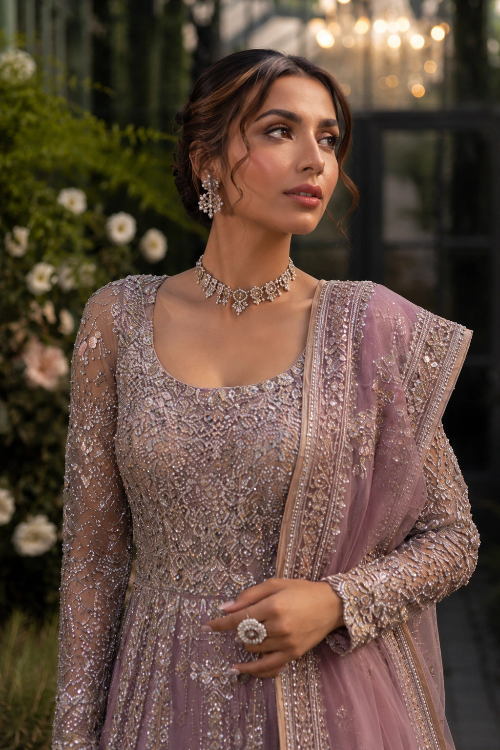 Model wearing a mauve sheesha silk bridal pishwas with intricate embellishment and embroidered organza dupatta in a luxury garden-inspired setting by Miraam.