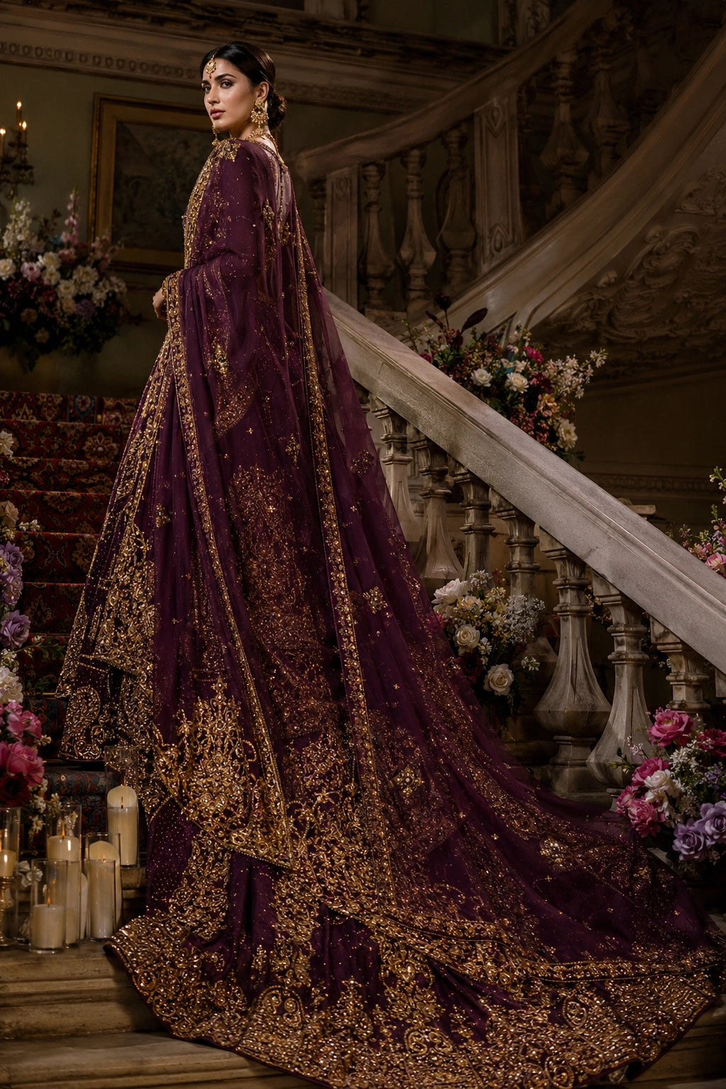 Model wearing a deep plum raw silk bridal couture gown with intricate antique gold embellishment and a heavily embroidered organza veil in a regal palace-inspired setting by Miraam.