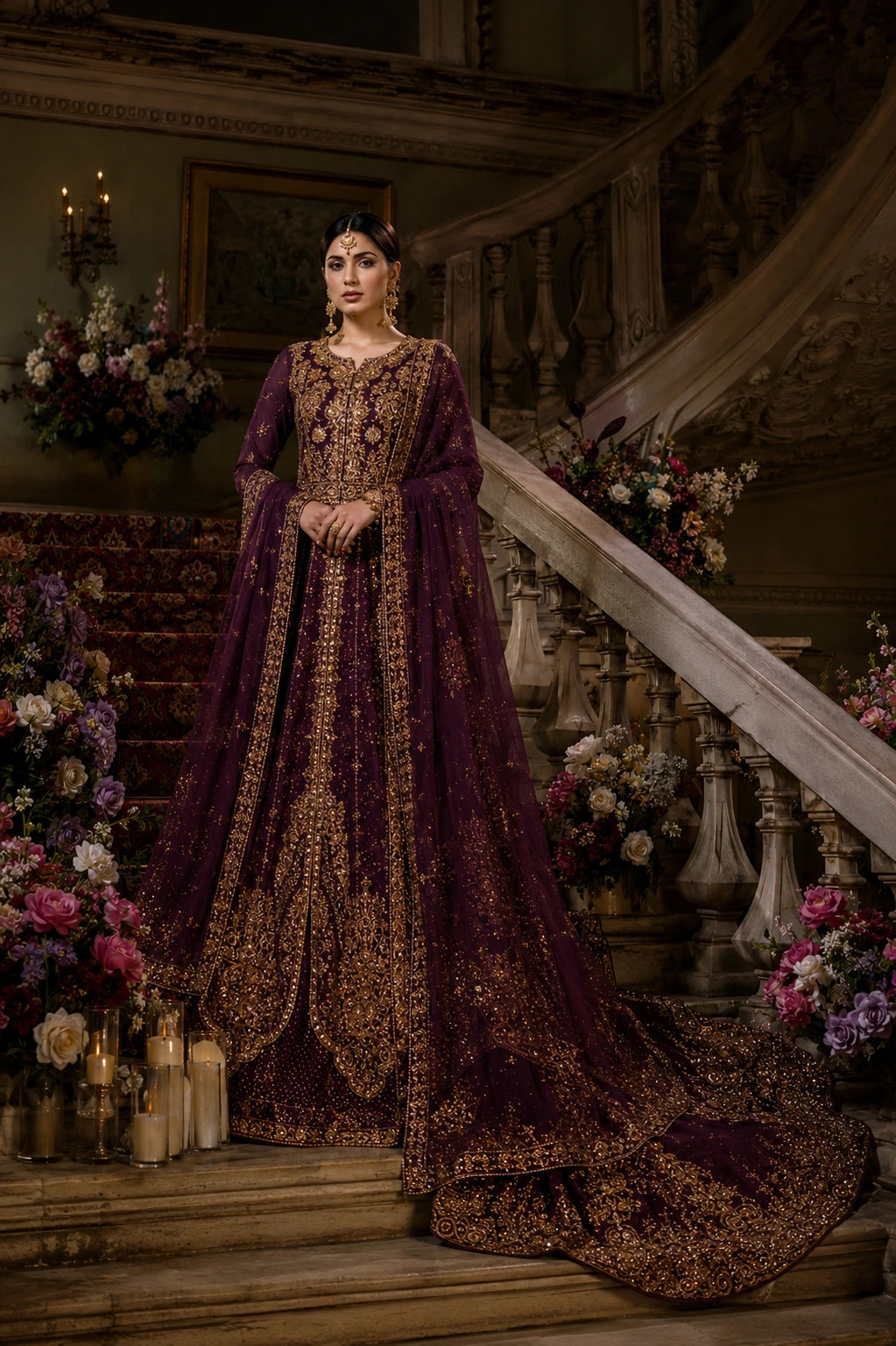 Model wearing a deep plum raw silk bridal couture gown with intricate antique gold embellishment and a heavily embroidered organza veil in a regal palace-inspired setting by Miraam.